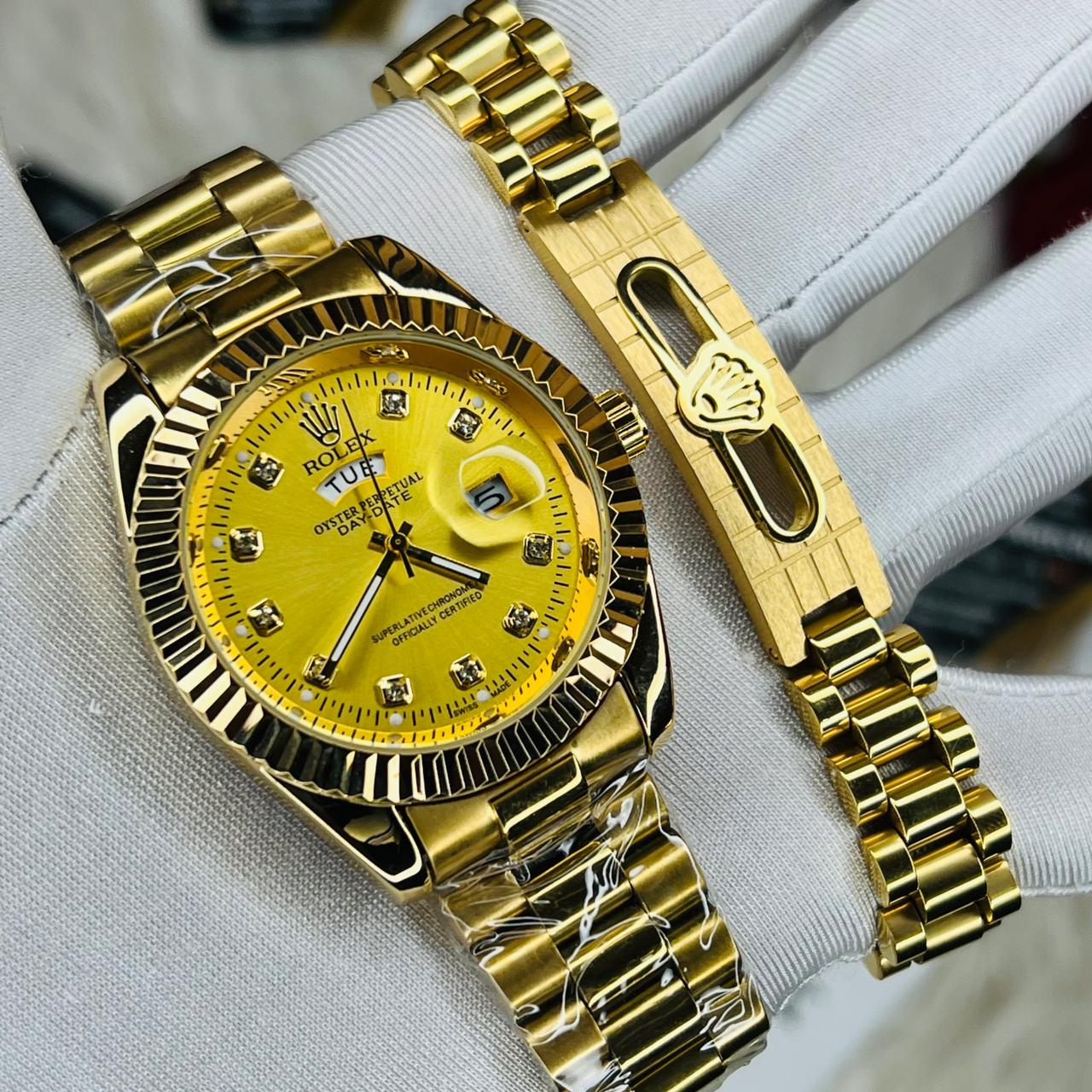 Premium Quality RLX Watches & Bracelet Combo F Golden Carry Gold