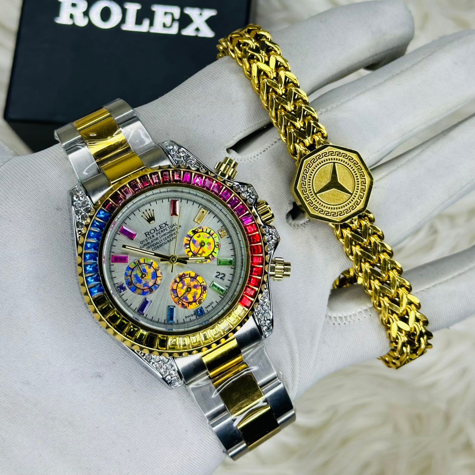 Premium Quality RLX Rainbow White Watches & Bracelet Combo