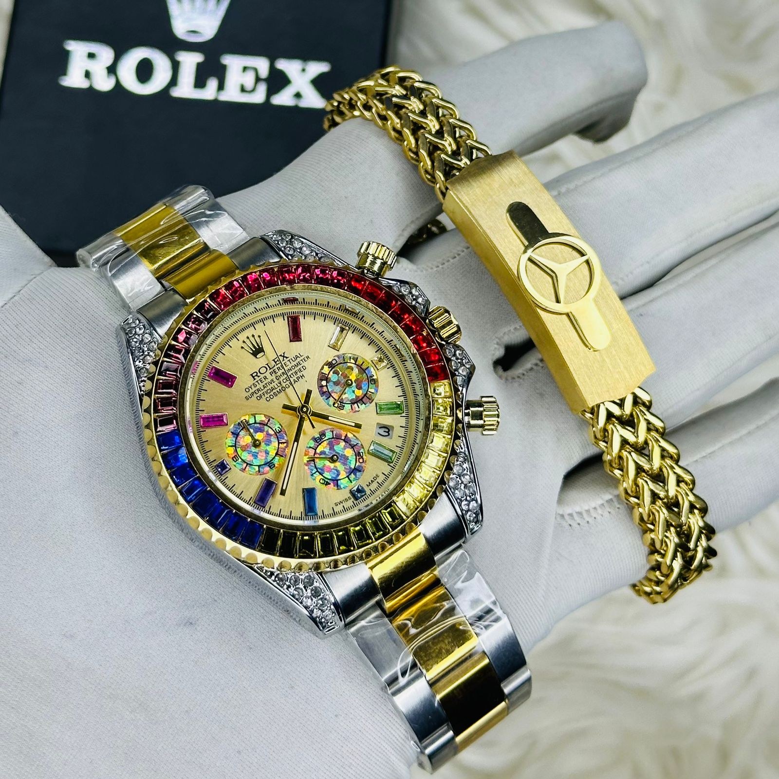 Premium Quality RLX Rainbow Golden Watches & Bracelet Combo
