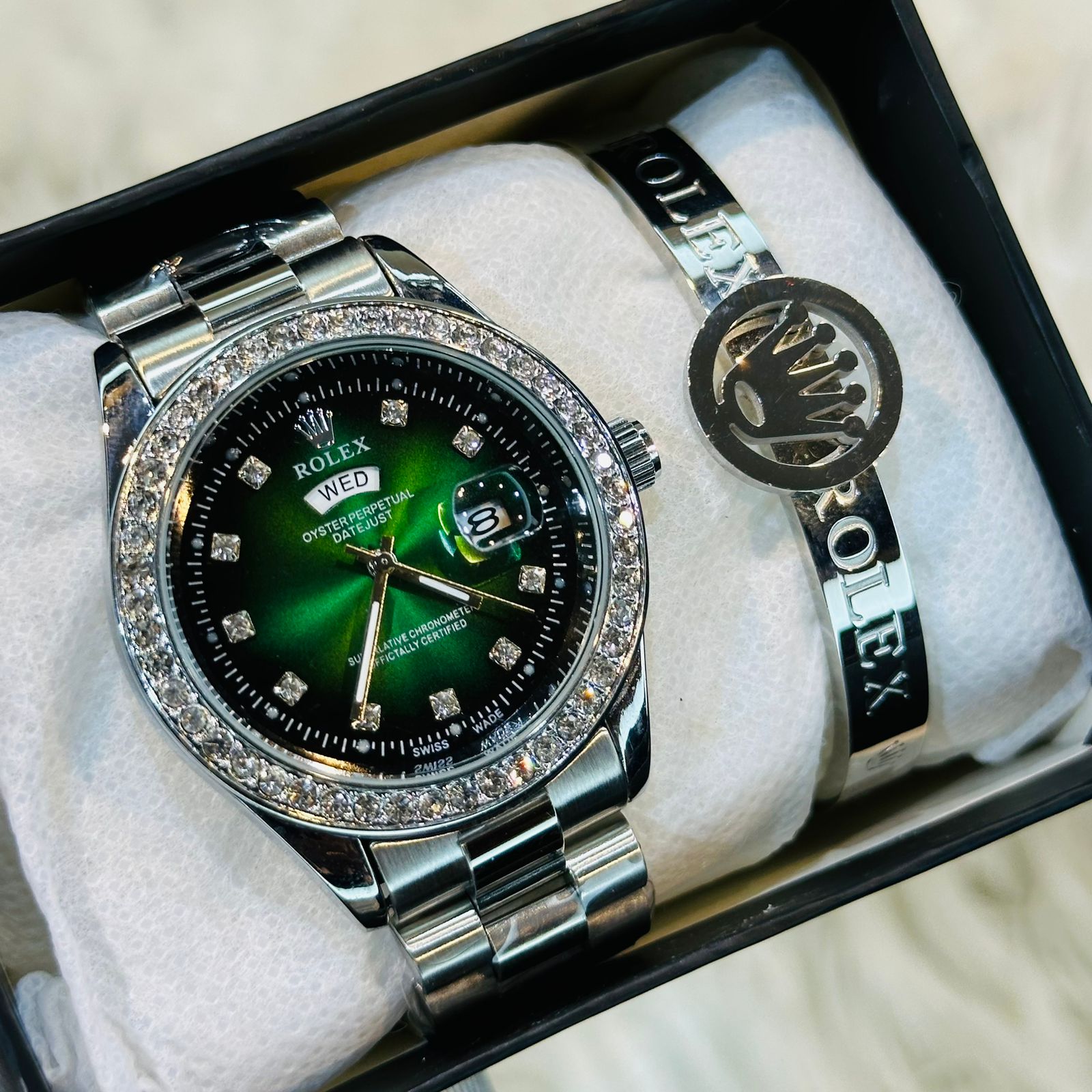 Premium Quality RLX Silver Green Stone Watches & Ring Bracelet