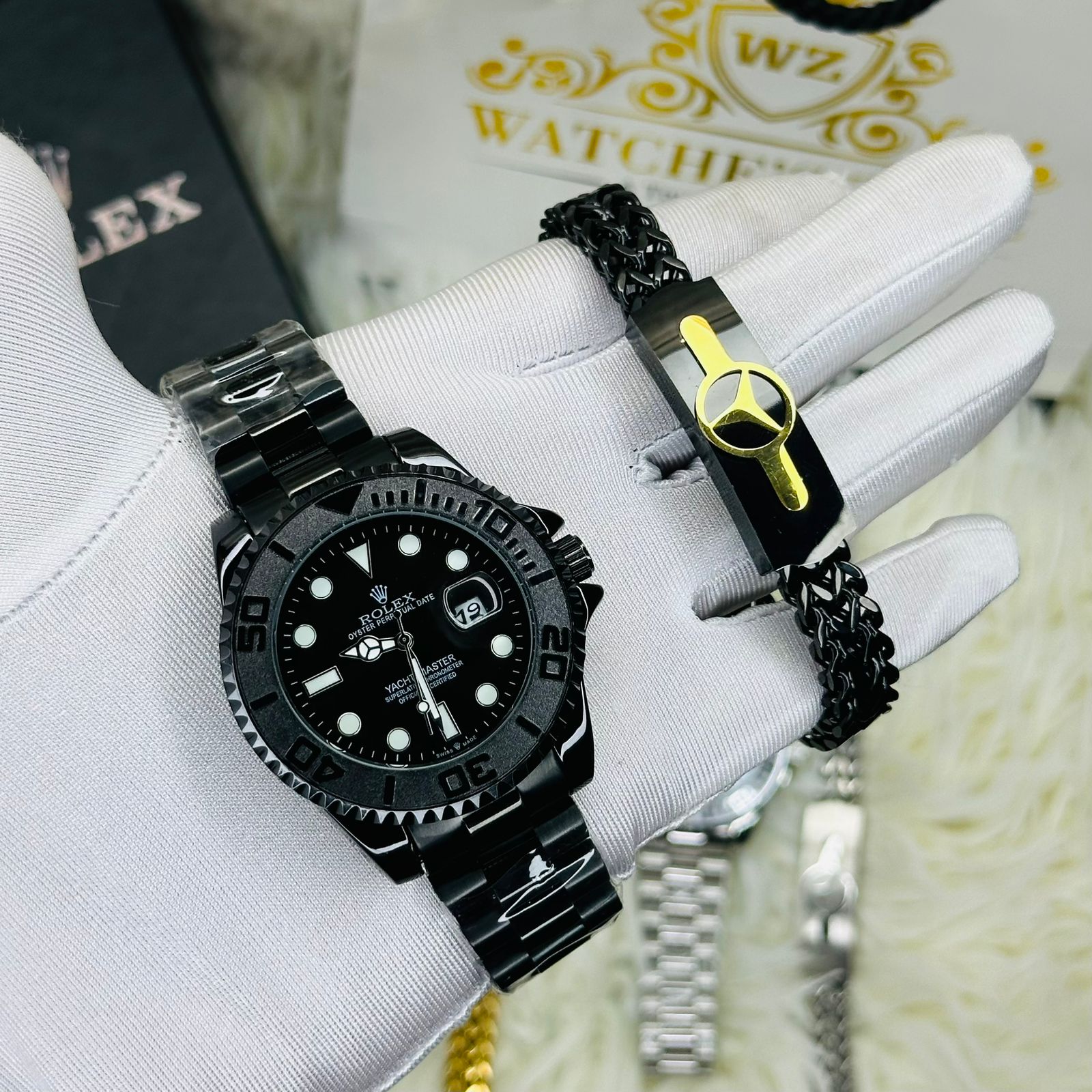Premiume Quality Yach Sub Full Black RLX  Watches & Bracelet Combo