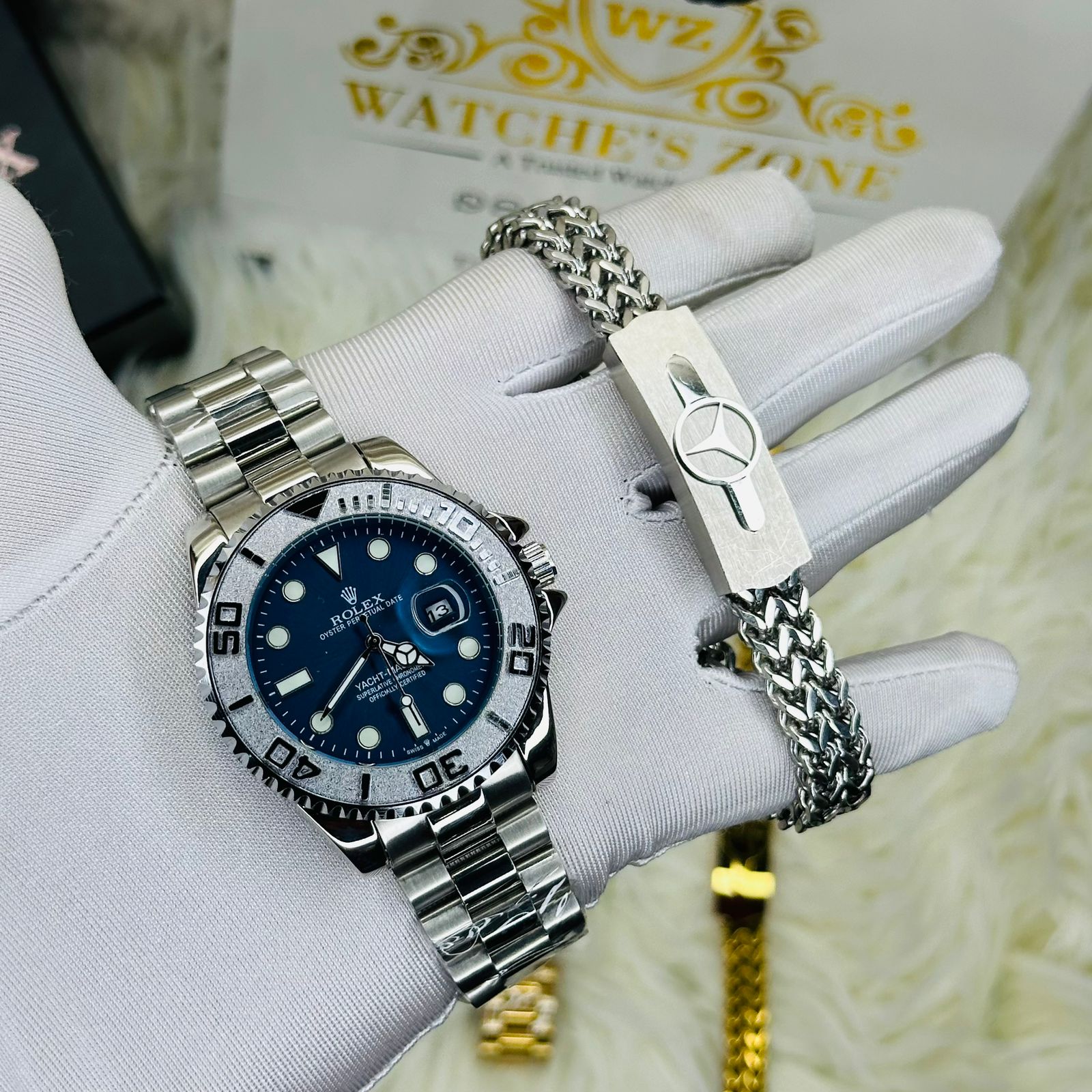 Premiume Quality Yach Sub Silver Blue RLX Watches & Bracelet Combo