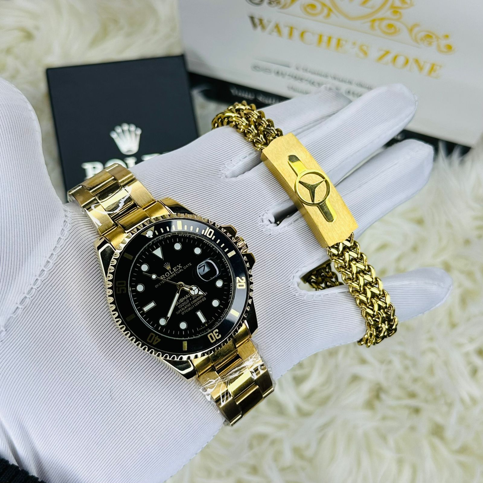 RLX Submariner Full Golden Dial Black Watches & Bracelet Combo