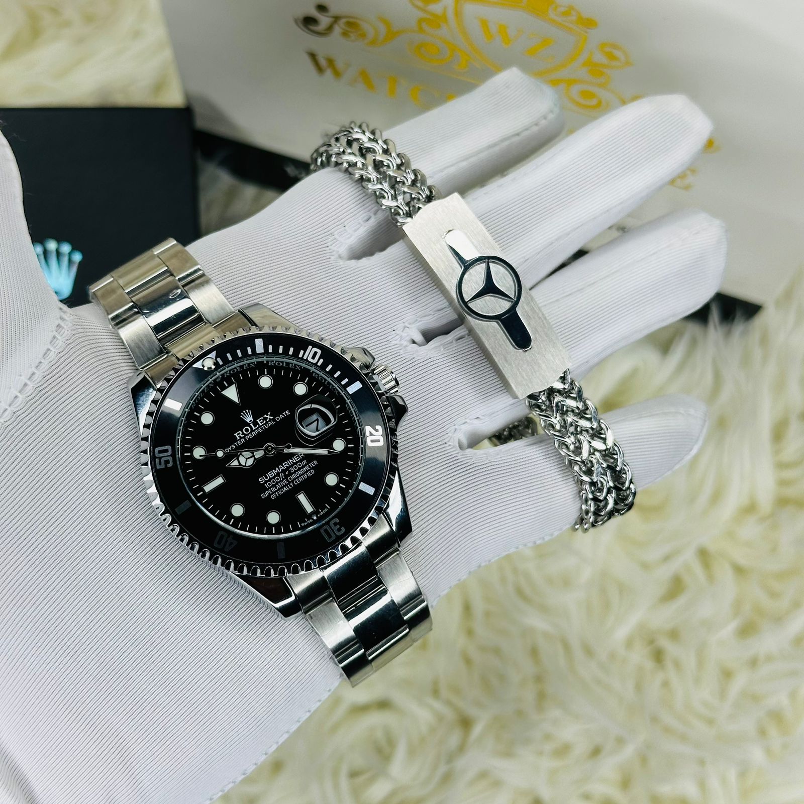 RLX Submariner Full Silver Dial Black Watches & Bracelet Combo